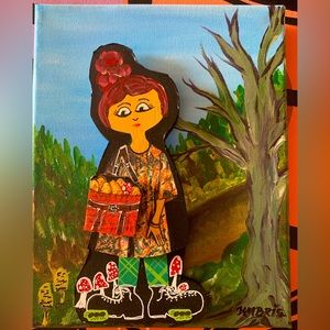 ORIGINAL mixed media art, paper doll on canvas, The Morell of the Story mushroom